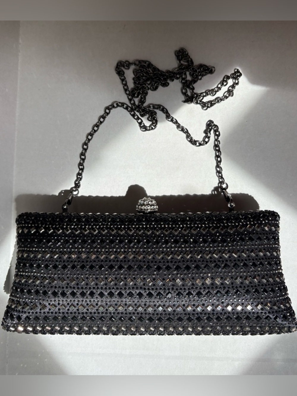Lulu Townsend Black Rhinestone Studded Minaudiere Evening Clutch Chain Bag